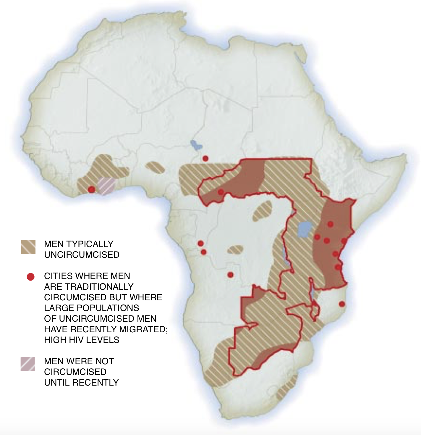 Overlap between regions where men are typically uncircumcised and the 'AIDS Belt' (red outline), where HIV rates are highest [@caldwell1996].