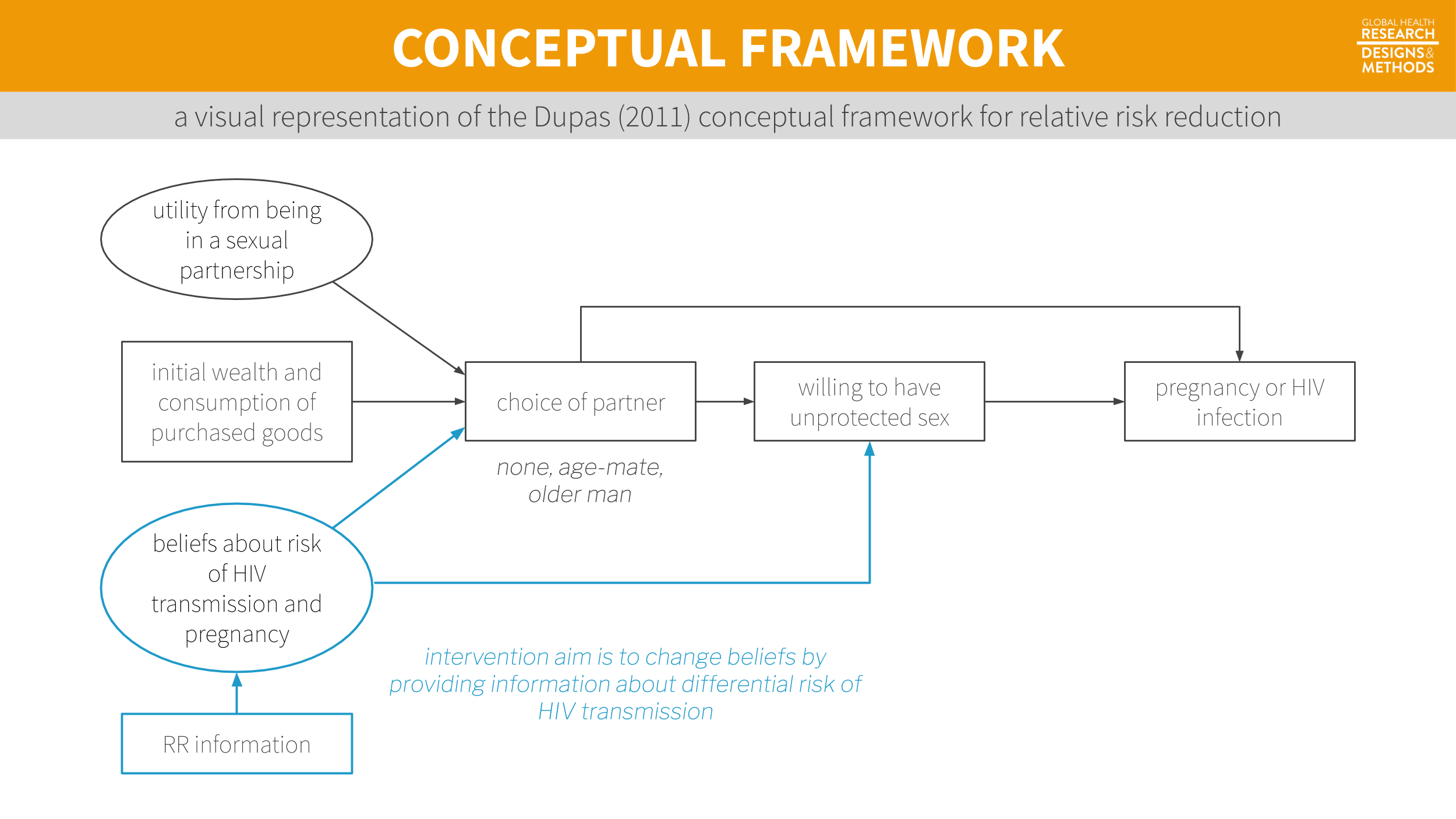 A visual representation of the @dupas:2011 conceptual framework for relative risk reduction. Visualization by Yours Truly, not necessarily endorsed by Dupas.